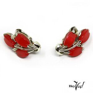 Vintage Coro Clip On Earrings - Red Thermoset Tulips in Silver Tone - Hey Viv